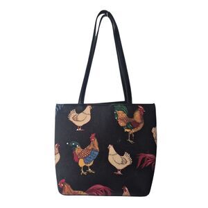 Rooster Chicken Novely Print Bedazzled Tote Bag Black Magnetic Snap Cottagecore
